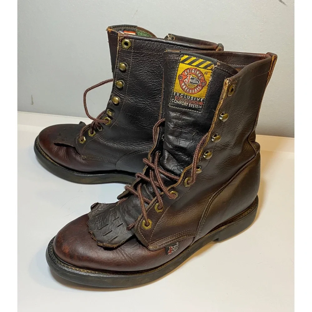 Justin Original Workboots Mens‎ 7.5 D Brown Leather Kiltie Lace Up Boots 0761